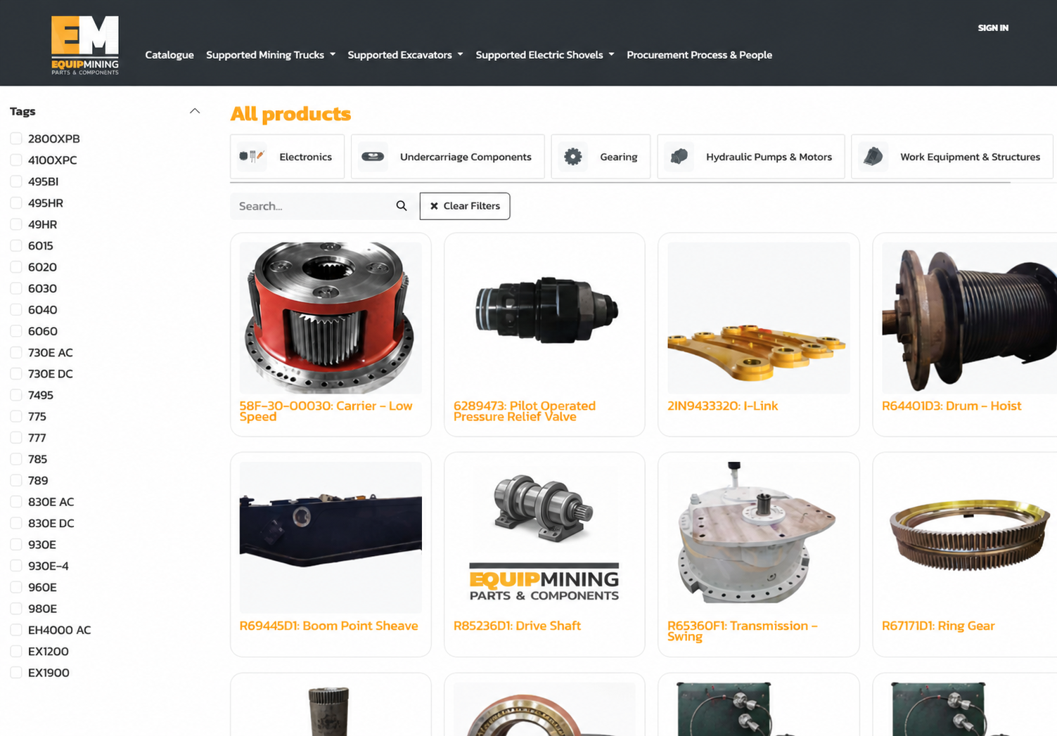 Equip Mining Parts & Components catalogue showing equipment filters, product categories, search and mining-parts listings.