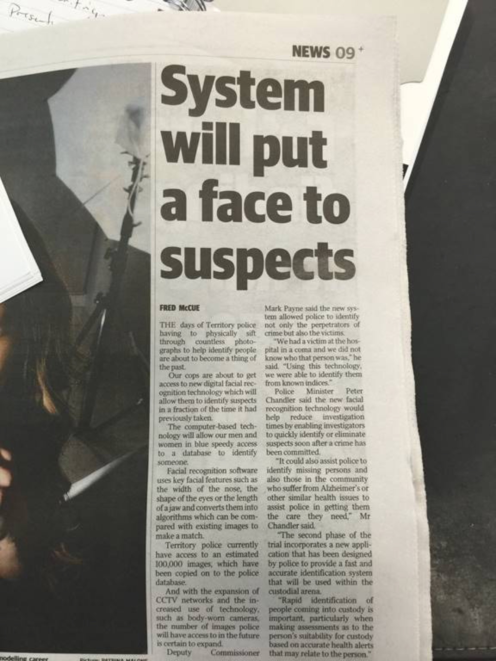 Newspaper article about Northern Territory Police facial recognition technology.
