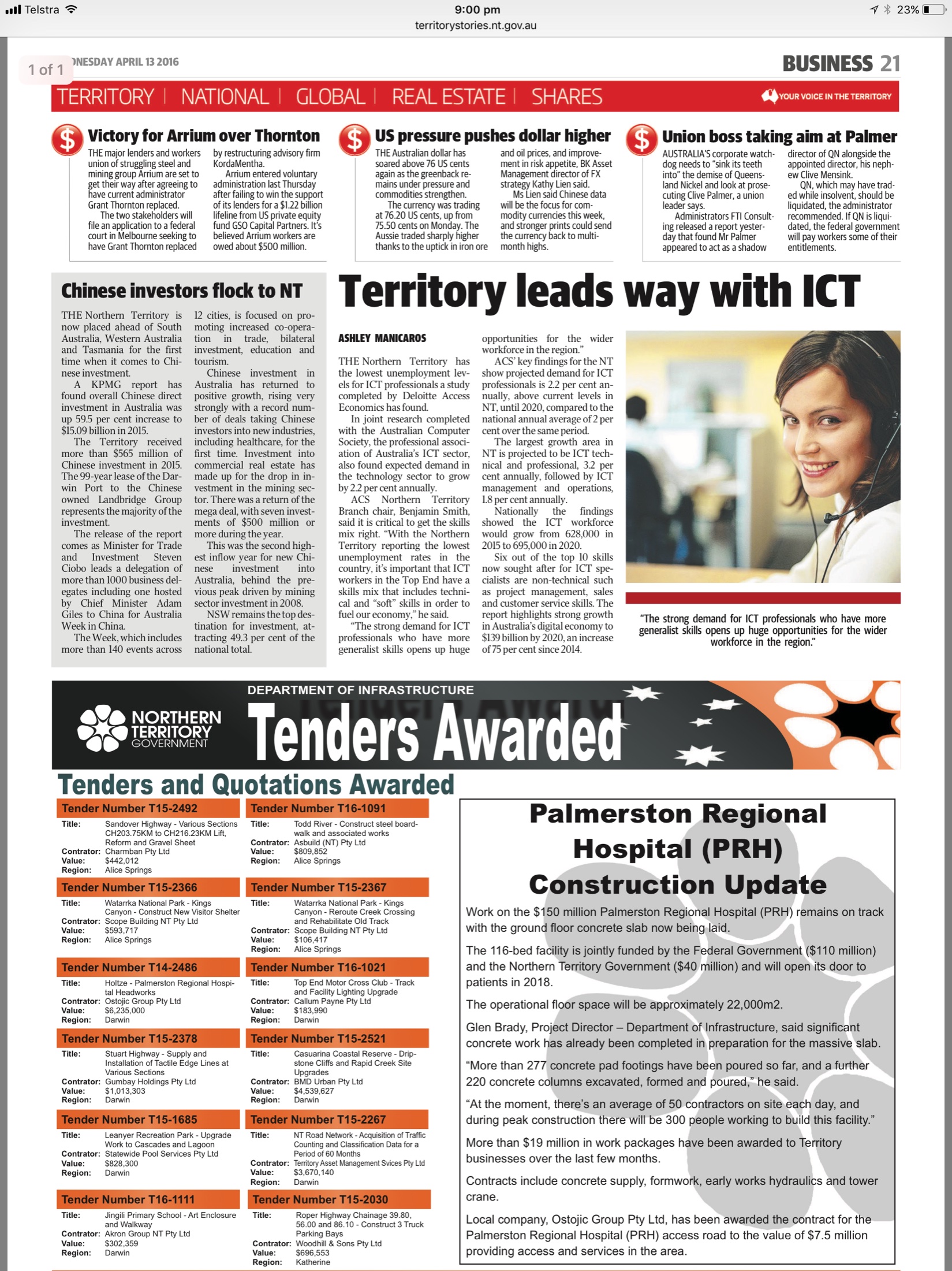 Newspaper article titled Territory leads way with ICT quoting Benjamin Smith as ACS Northern Territory Branch Chair.